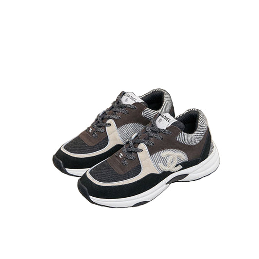 Black & Grey Tweed Low Trainers – CC Logo Suede & Tweed Sneakers