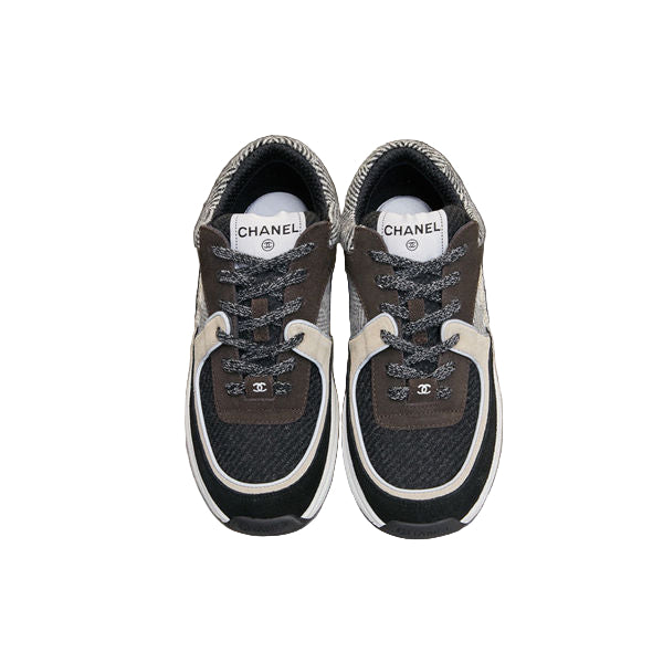 Black & Grey Tweed Low Trainers – CC Logo Suede & Tweed Sneakers