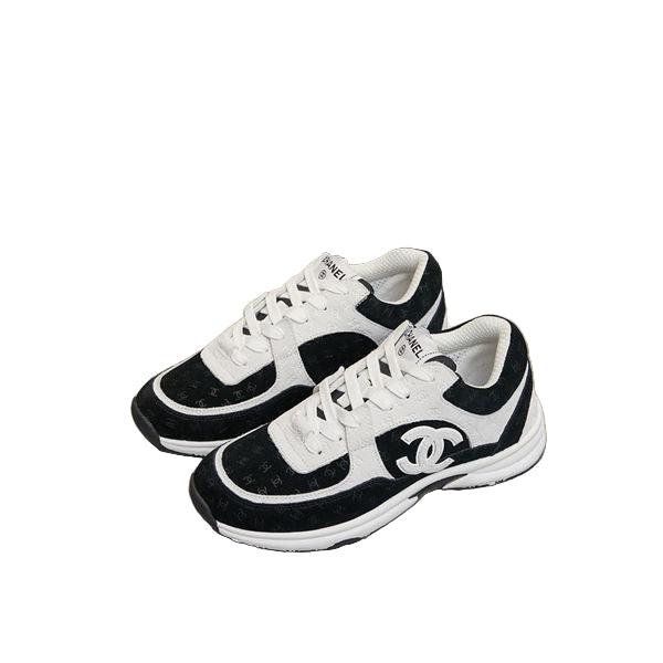 Black & White Suede CC Logo Low Top Lace-Up Trainer Sneakers
