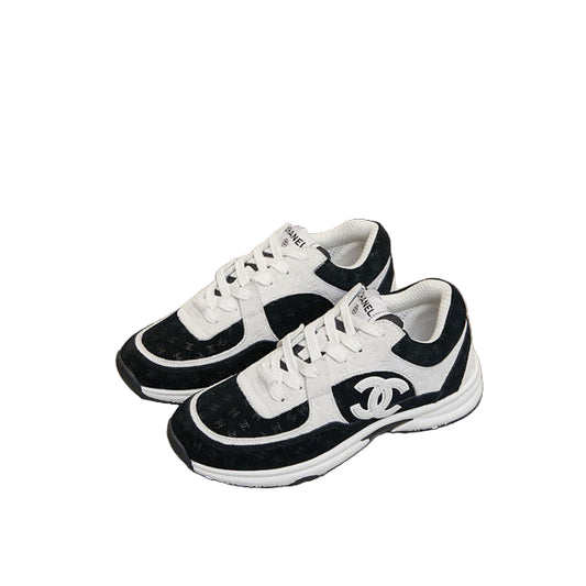 Black & White Suede CC Logo Low Top Lace-Up Trainer Sneakers