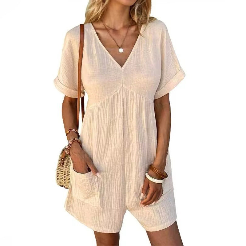 Summer Romper Casual Short Sleeve V Neck Short Jumpsuits