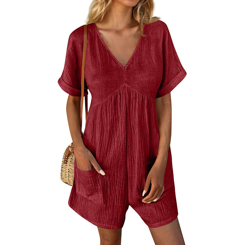 Summer Romper Casual Short Sleeve V Neck Short Jumpsuits