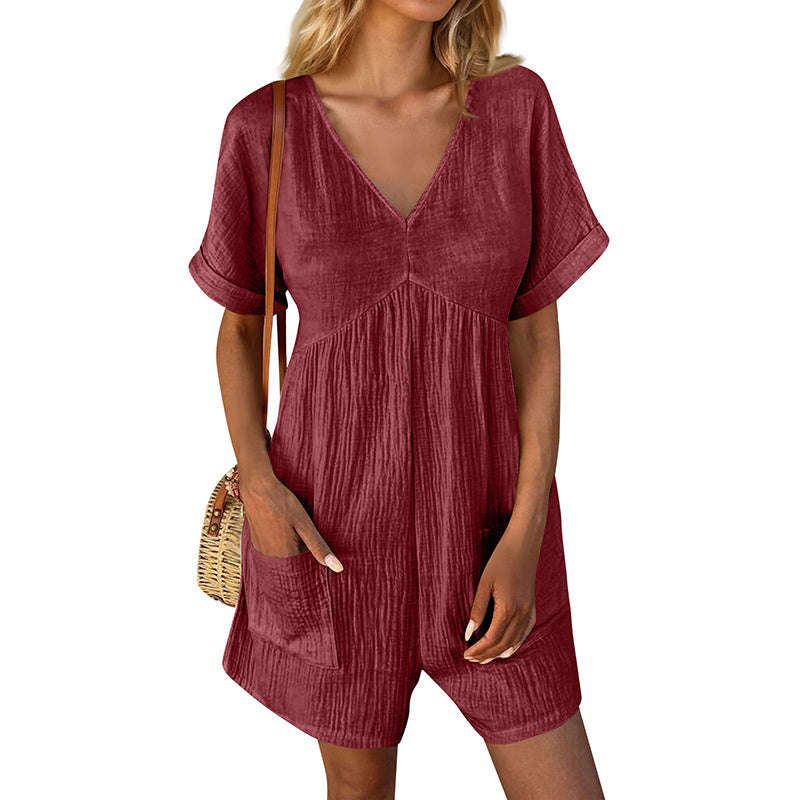 Summer Romper Casual Short Sleeve V Neck Short Jumpsuits