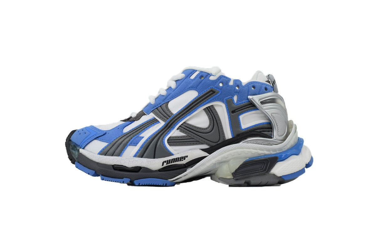 Blue and gray athletic shoe on a white background