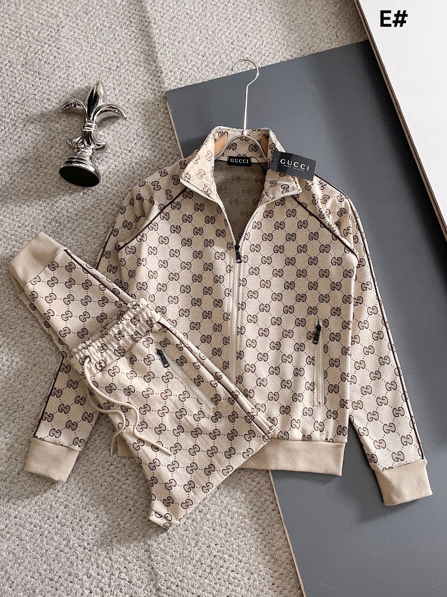 2-Piece Luxury Monogram Tracksuit – Zip Hoodie & Stripe Jogger Set