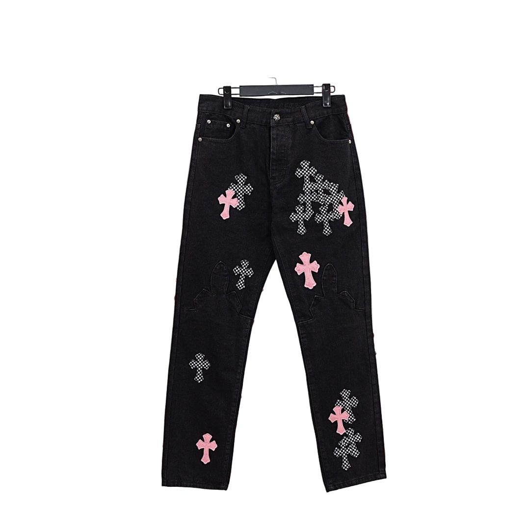 Black Denim Cross Patch Jeans – Pink & Checkered Detail
