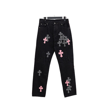 Black Denim Cross Patch Jeans – Pink & Checkered Detail