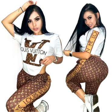 White Graphic T-Shirt & Brown Monogram Joggers – 2-Piece Set - TruVybe Essentials