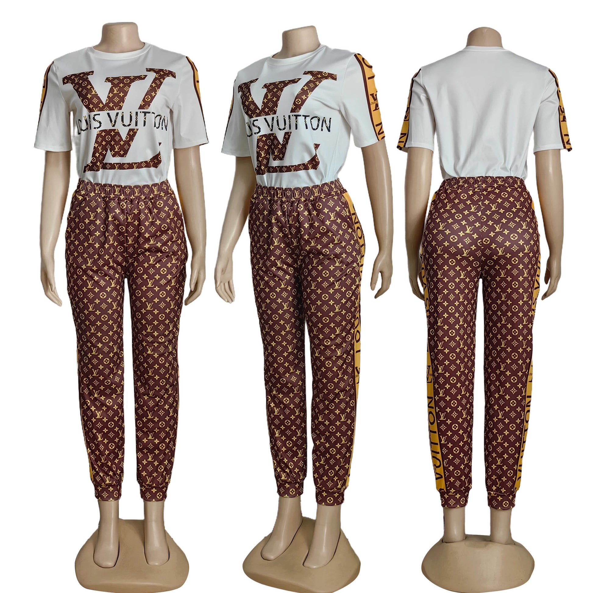White Graphic T-Shirt & Brown Monogram Joggers – 2-Piece Set - TruVybe Essentials