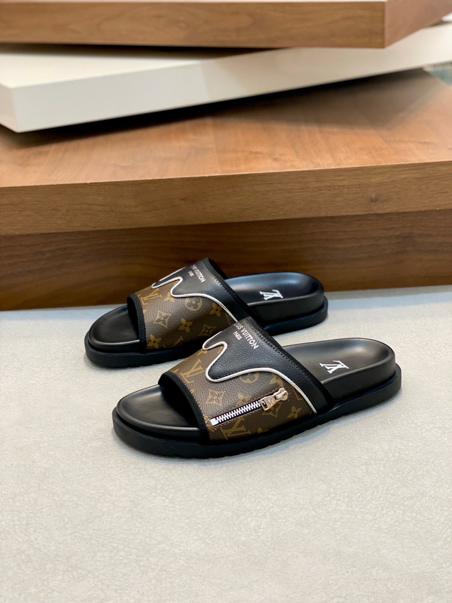 Monogram-Style Slide Sandals – Black & Brown  Slip-On Casual Slides
