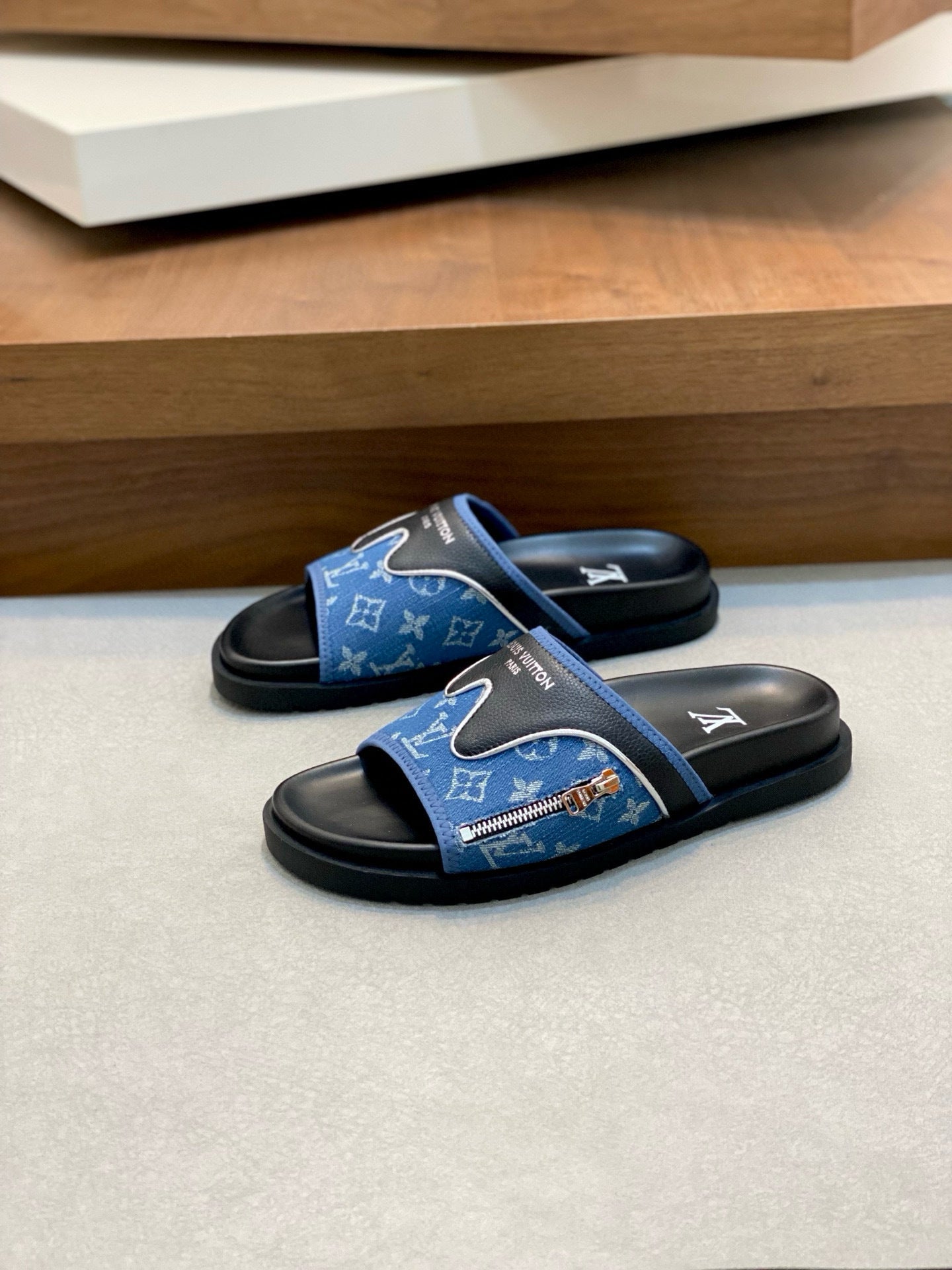 Monogram-Style Slide Sandals – Denim & Black Slip-On Casual Slides