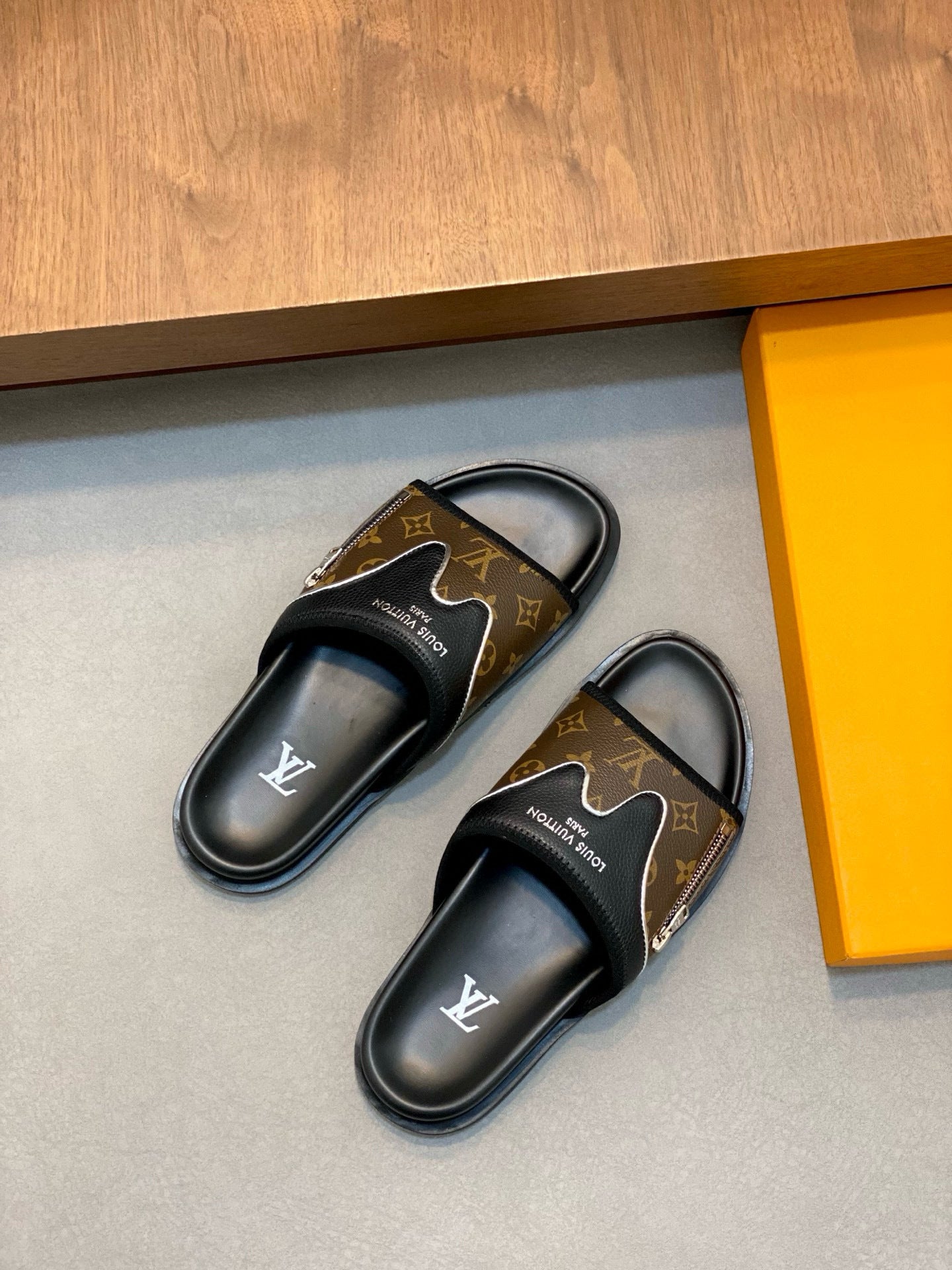 Monogram-Style Slide Sandals – Black & Brown  Slip-On Casual Slides