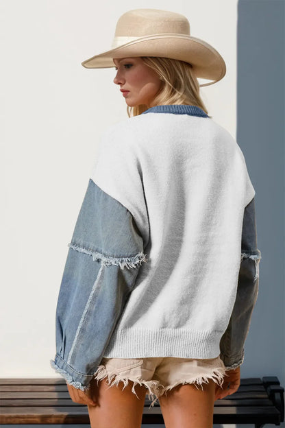 Double Take Star-Pattern Raw-Edge Long Sleeve Sweater