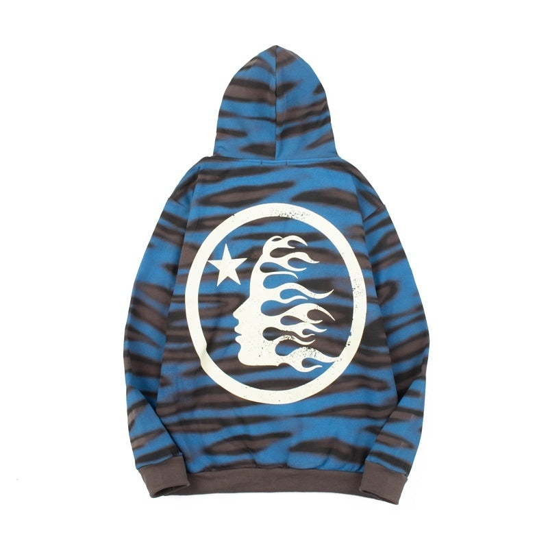 Blue and brown striped hoodie with a white 