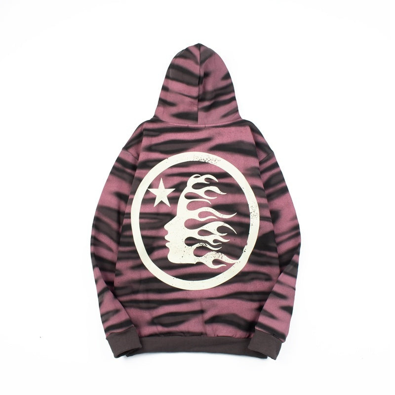 Pink and black zebra-striped hoodie with a white 