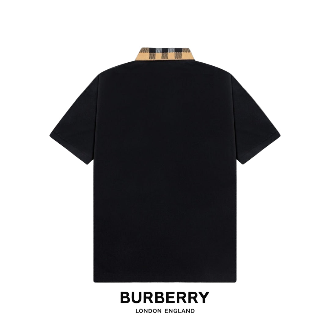 Black  t-shirt with checkered collar on a gray 