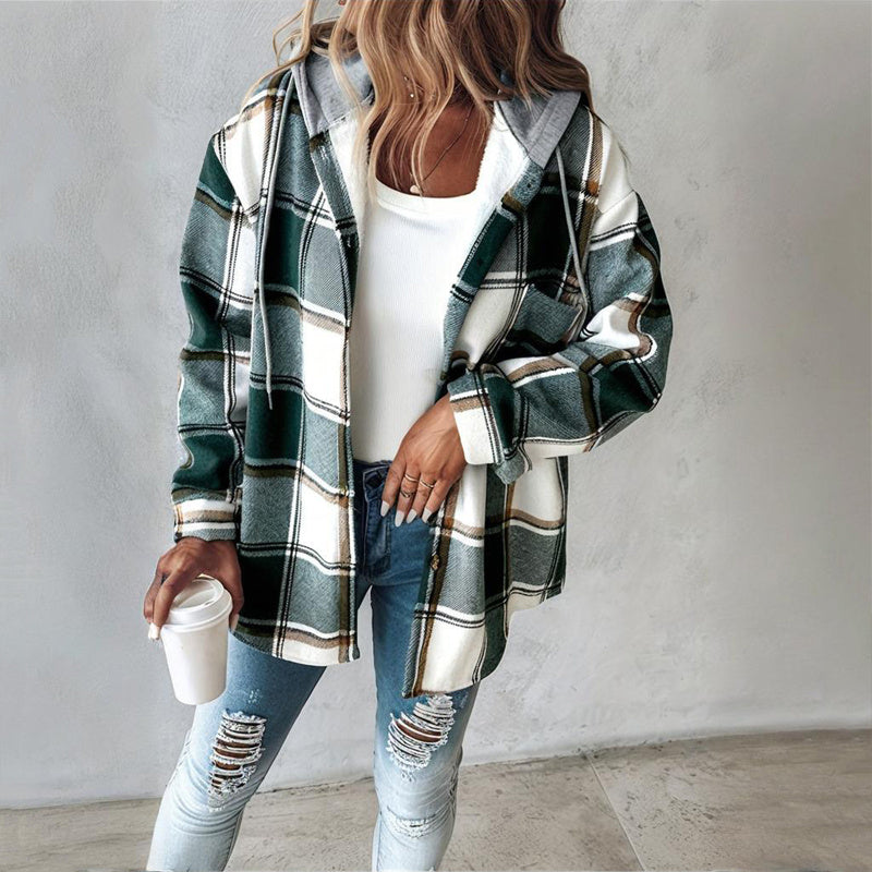 Plaid Drawstring Hoodie Shirt
