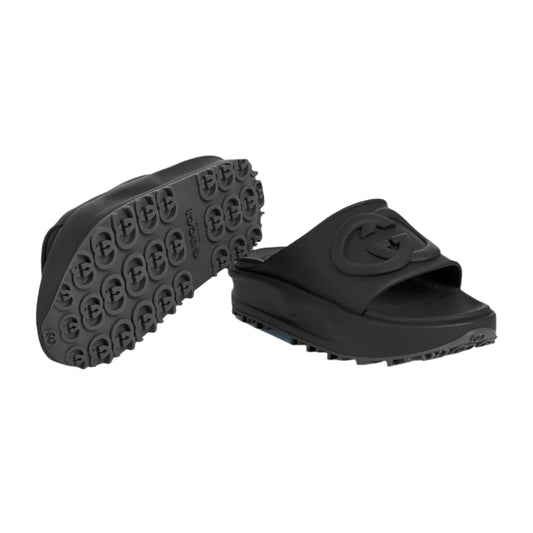 GG Oversize Slide Sandal – Black Interlocking G Designer Slides