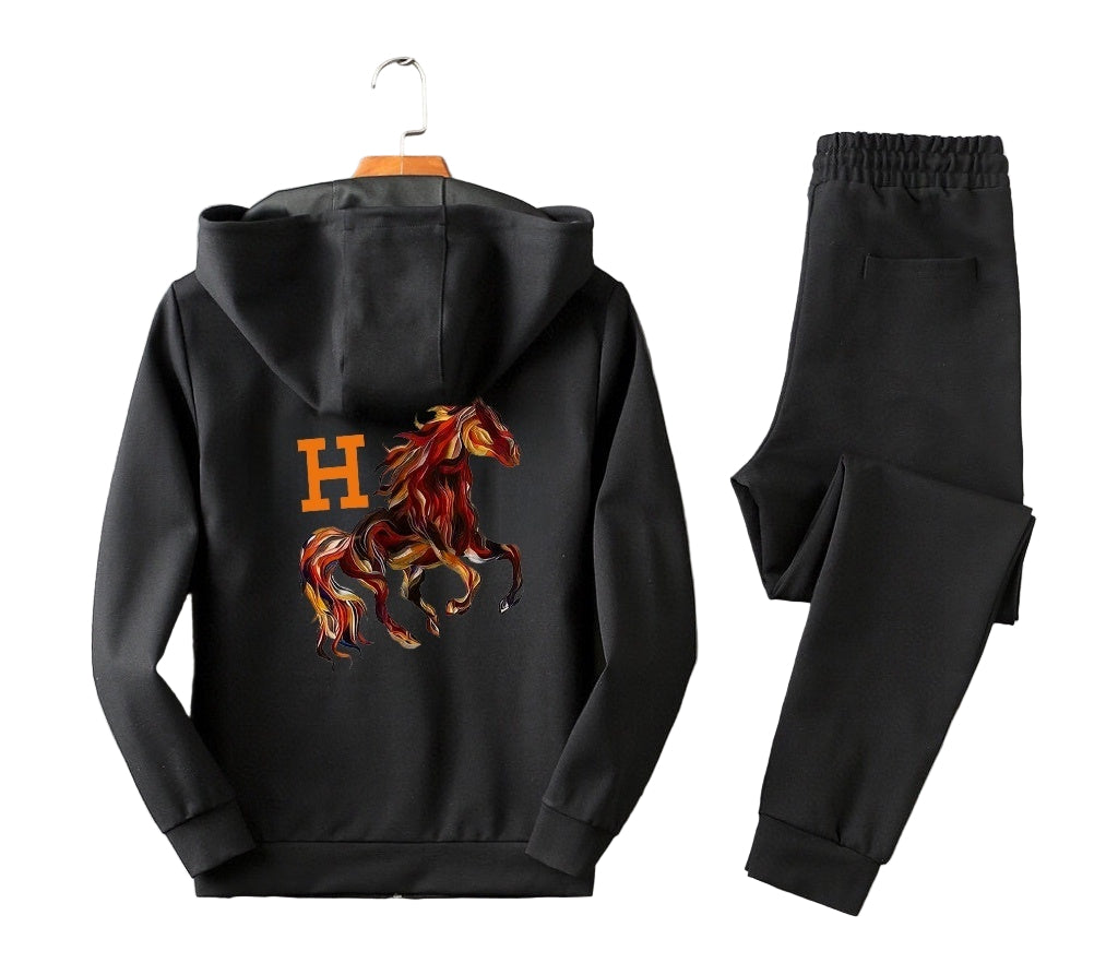 Black hoodie with a colorful horse design and 'H'graphic, paired with black pants on a gray background.