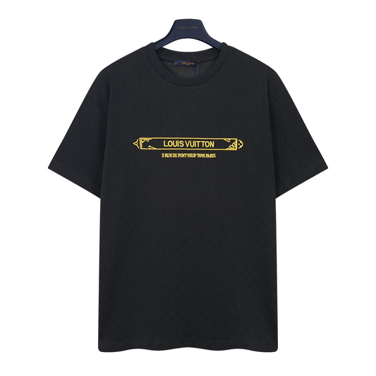 Embellished Damier Piqué T-Shirt – Black Luxury Organic Cotton Tee with Golden Embroidery
