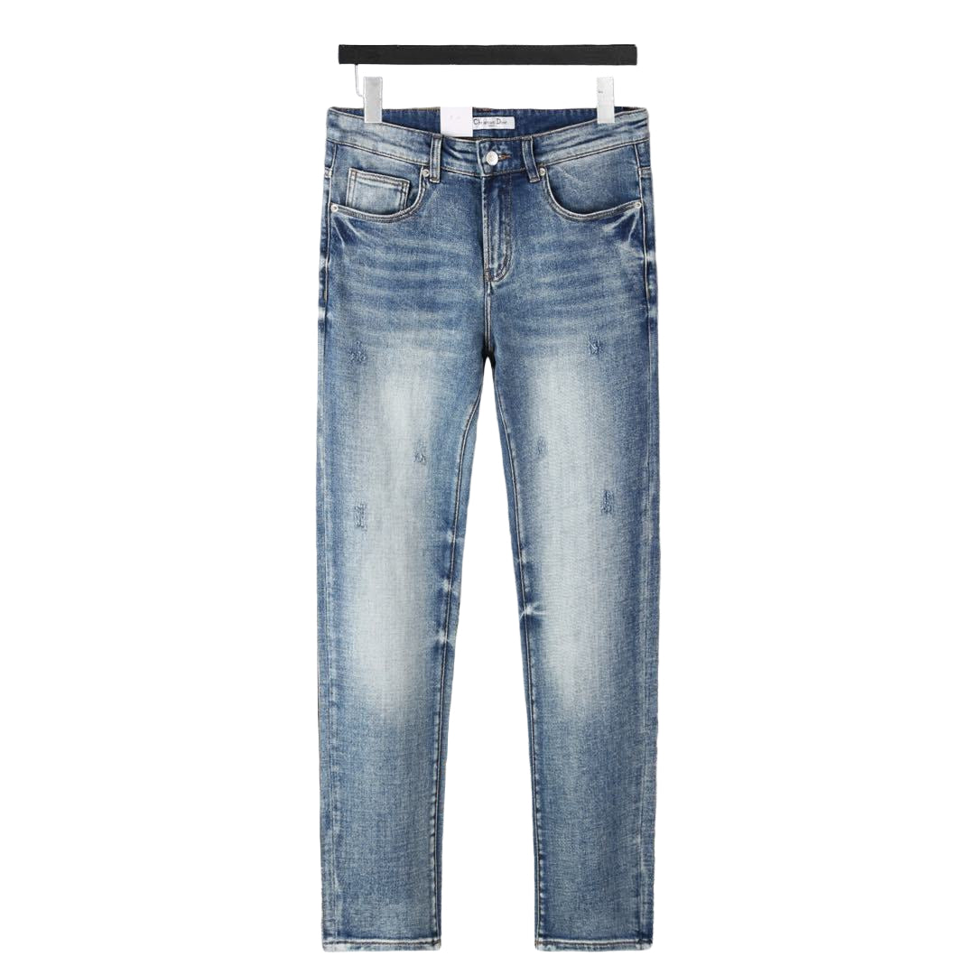 Blue Distressed Slim-Fit Jeans – Faded Wash Tapered Denim front