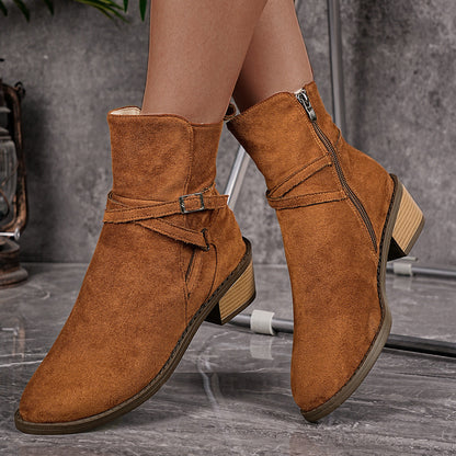 Cross-Strap Side-Zipper Mid-Heel Ankle Boots Women