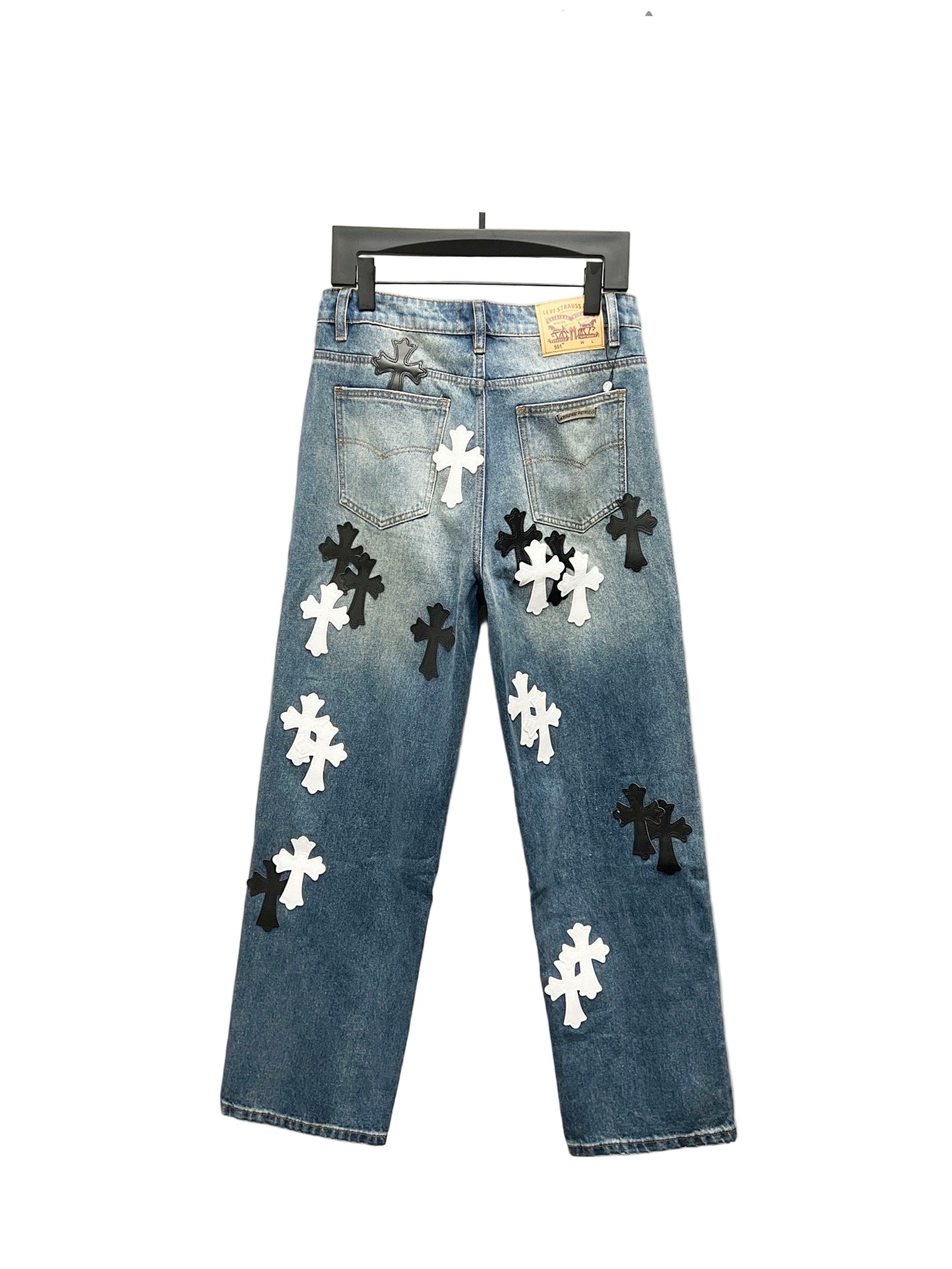 Black Denim Jeans w/ Black & White Cross Patches – Luxury Rock Style back