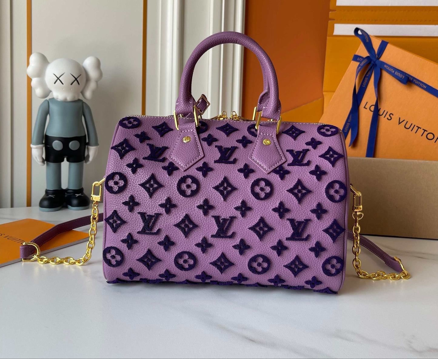 Embossed Monogram Boston Bag with Gold Chain Strap for Women