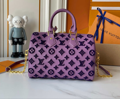 Embossed Monogram Boston Bag with Gold Chain Strap for Women