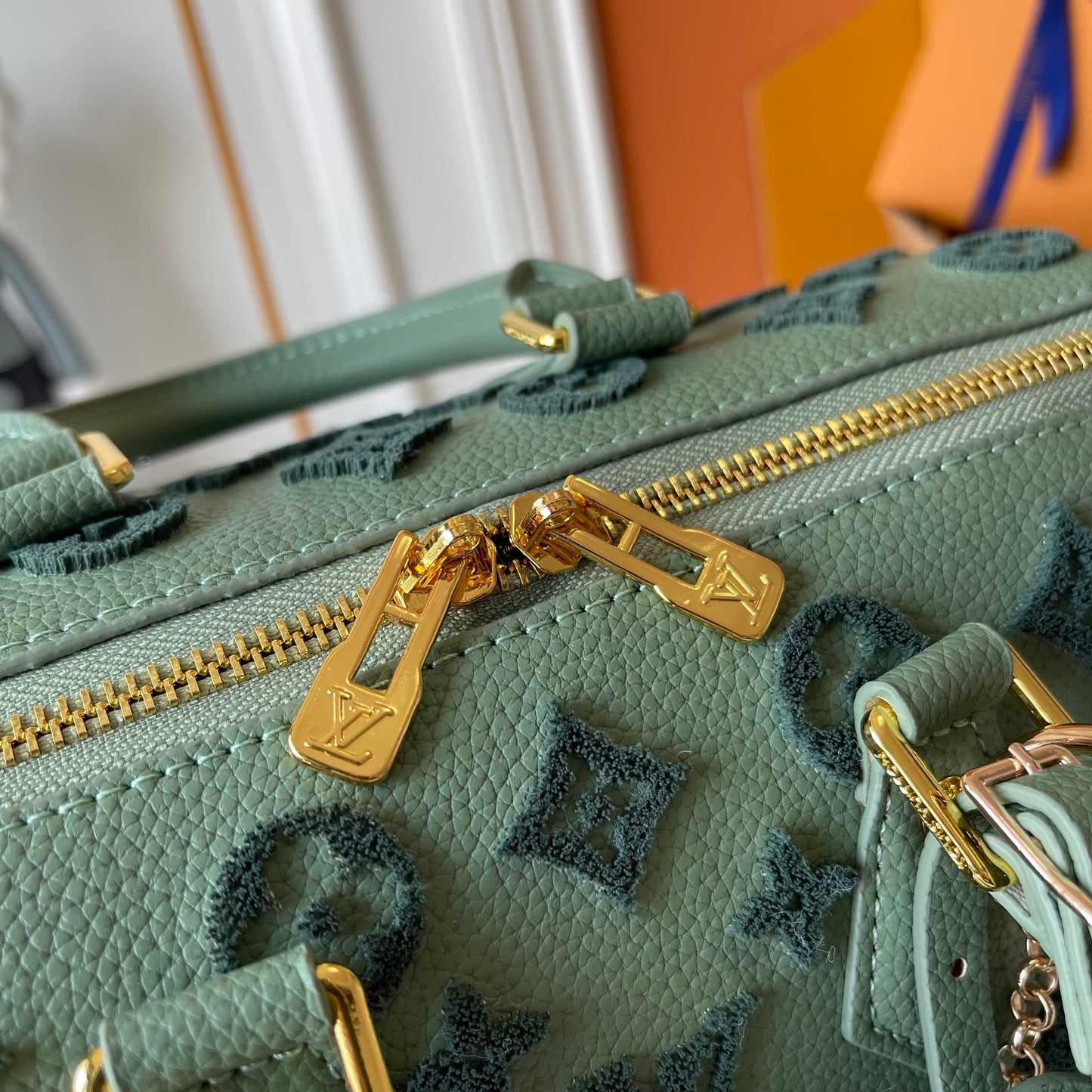 Embossed Monogram Boston Bag with Gold Chain Strap for Women