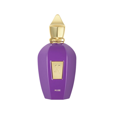 Purple perfume bottle with gold cap on a white background