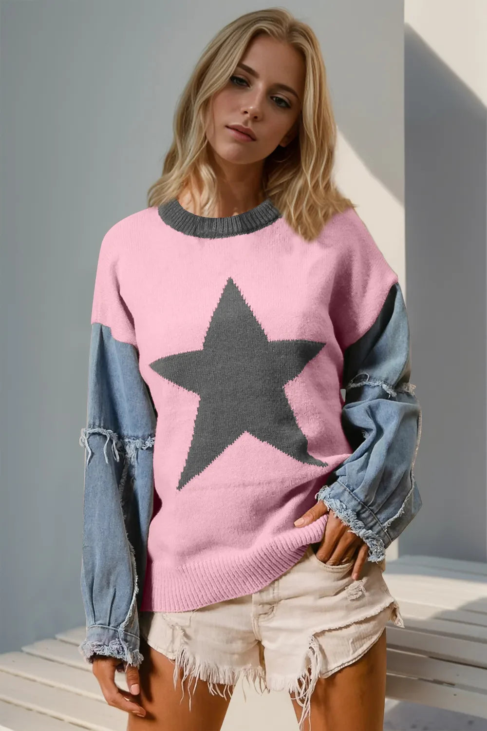 Double Take Star-Pattern Raw-Edge Long Sleeve Sweater