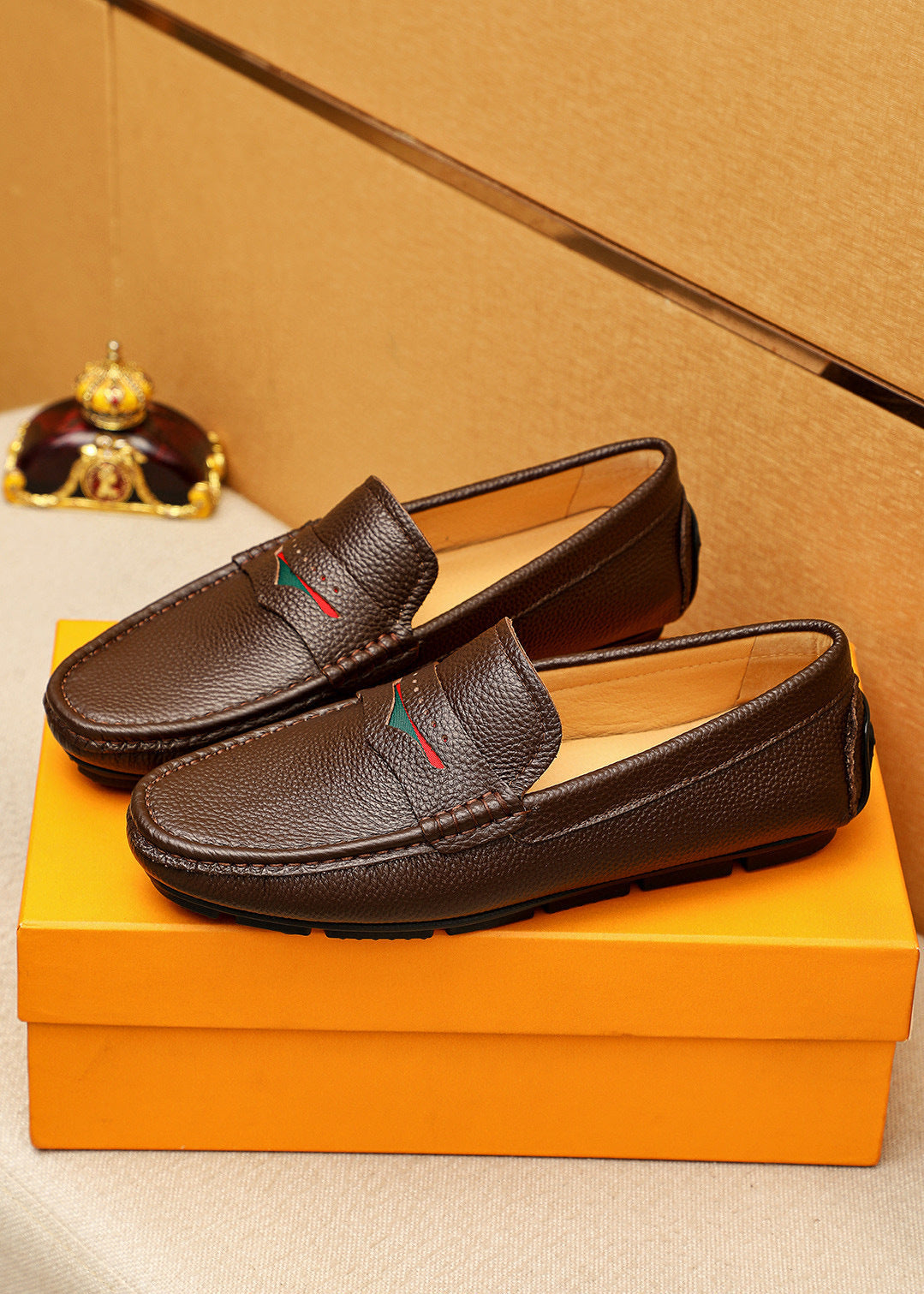 Leather Driving Loafers with Red & Green Accent Detail