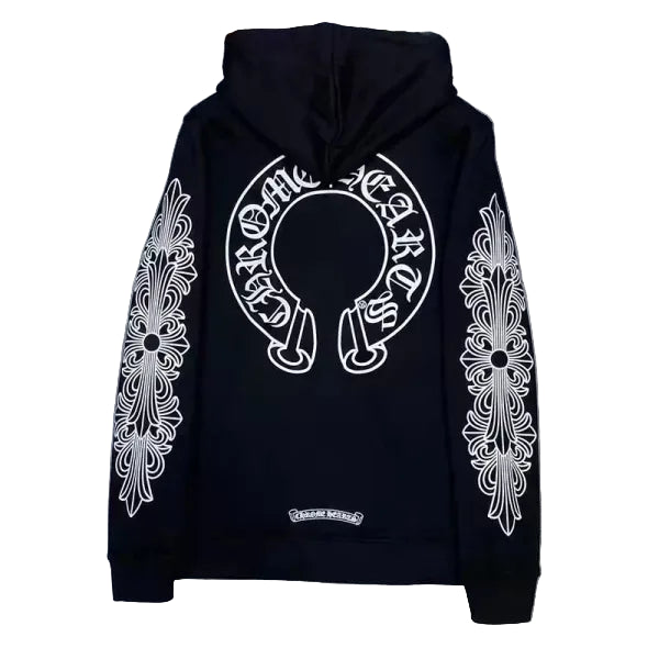 Black & White Graphic Zip-Up Hoodie – Horseshoe Sleeve Print
