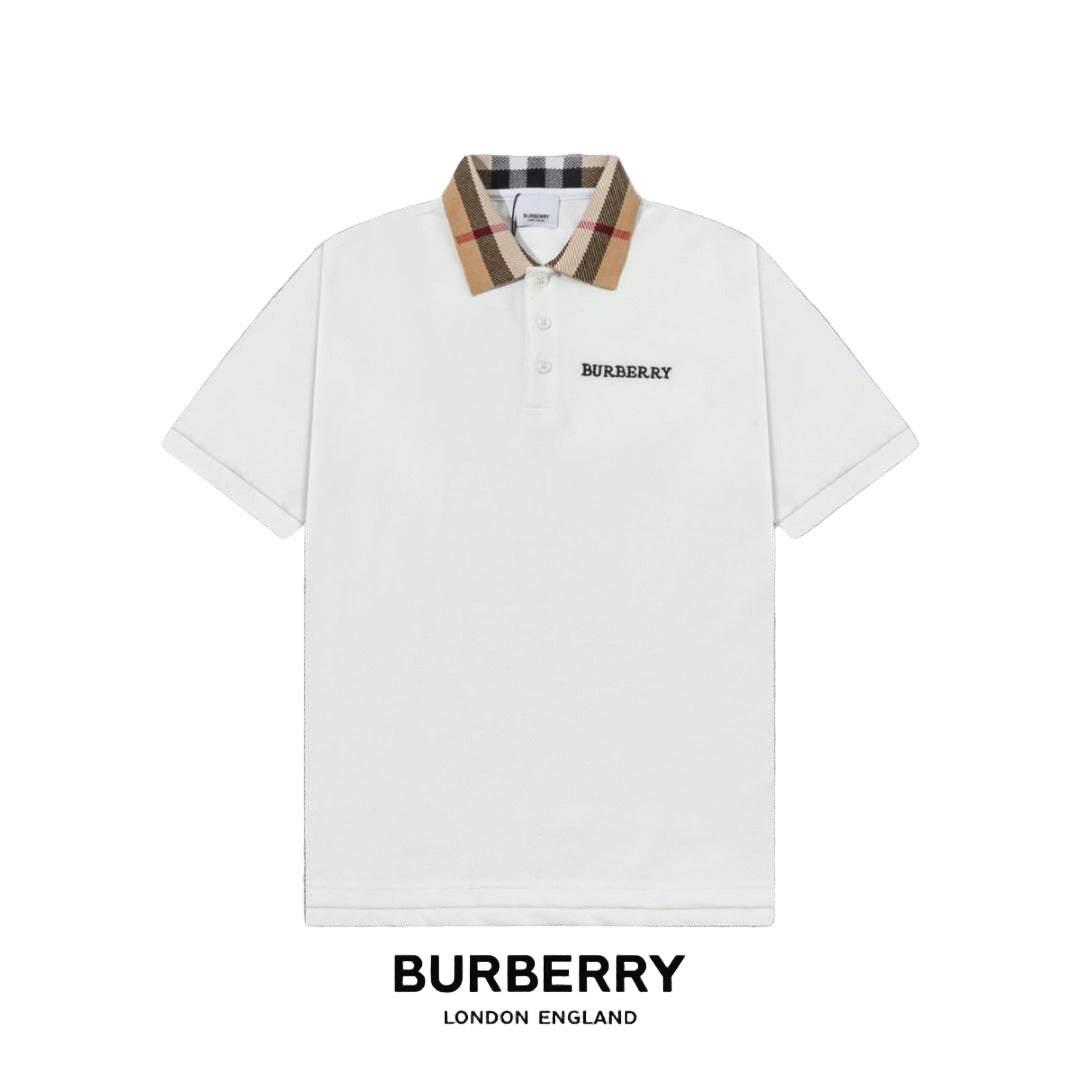 White  polo shirt with checkered collar on a gray background