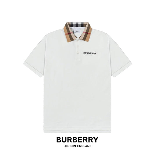 White  polo shirt with checkered collar on a gray background