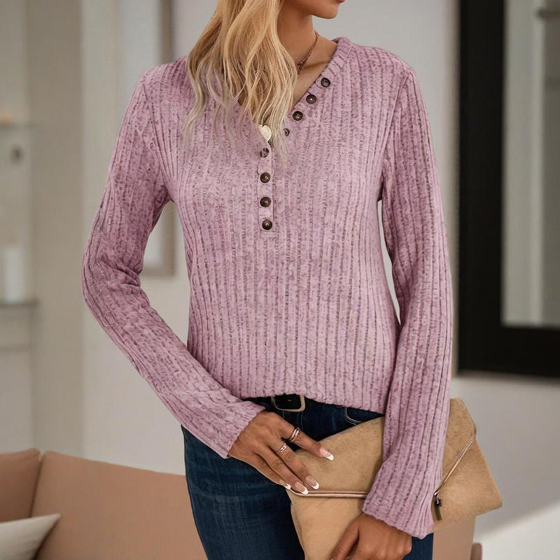 Women's Solid Color Button V-Neck Long Sleeve Knit Top