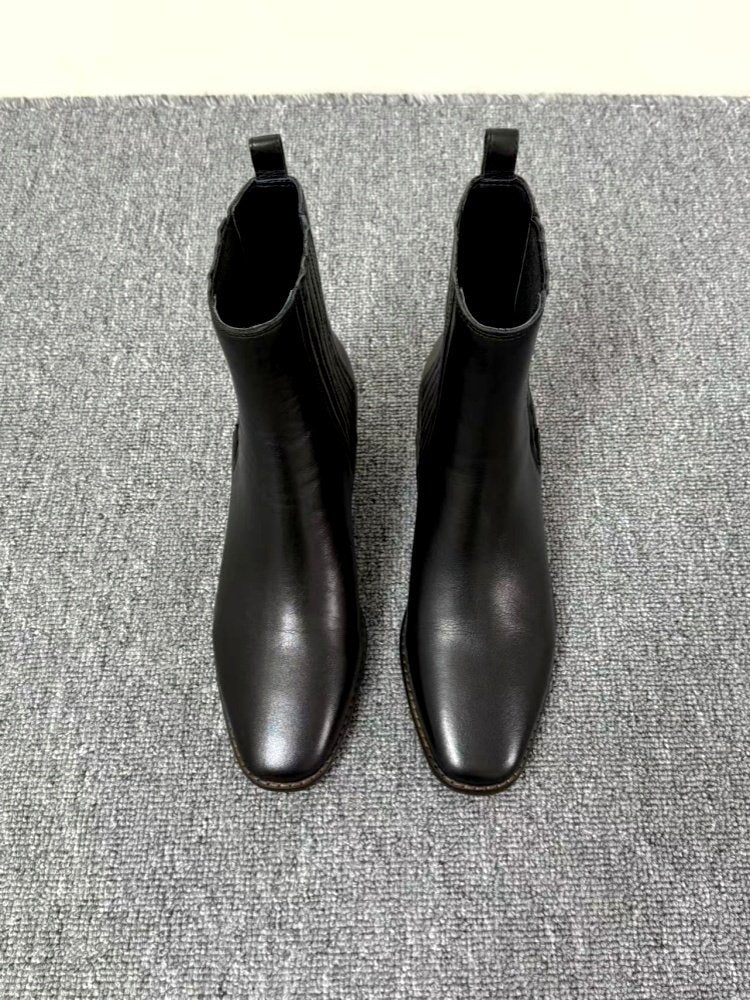 Women’s Retro Square-Toe Mid-Heel Chunky Leather Boots