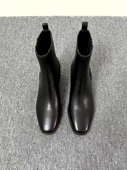 Women’s Retro Square-Toe Mid-Heel Chunky Leather Boots