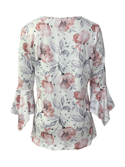 Women’s Printed Spike Button Three-Quarter Sleeve Casual Top