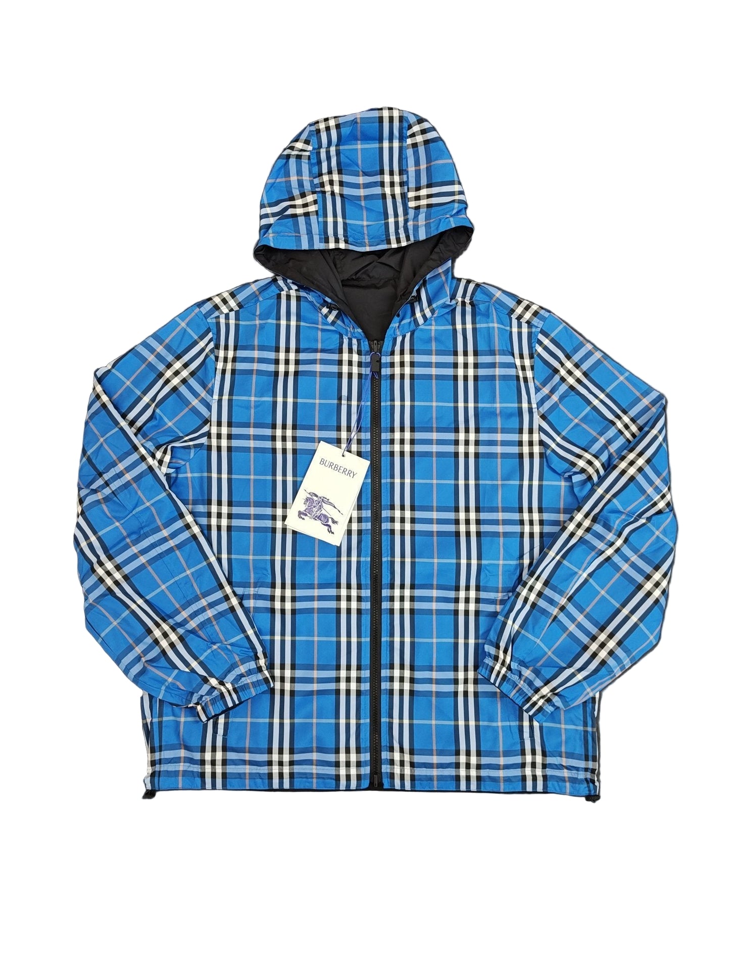 Blue plaid jacket with a hood on a black background