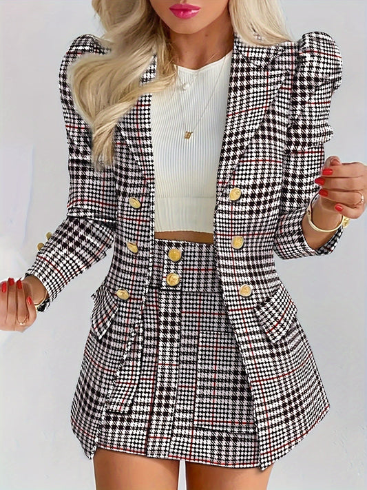 Plus Size Plaid Skirt Suit for Women – Two-Piece Blazer and High Waist Skirt Set