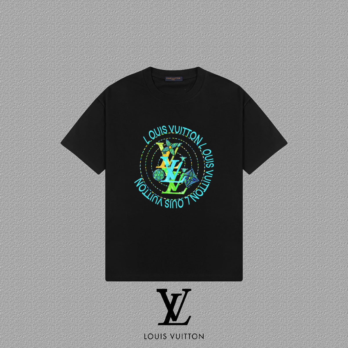 Black t-shirt with colorfulgraphic  on a gray background, 