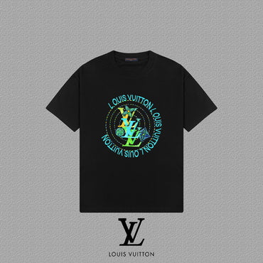 Black t-shirt with colorfulgraphic  on a gray background, 