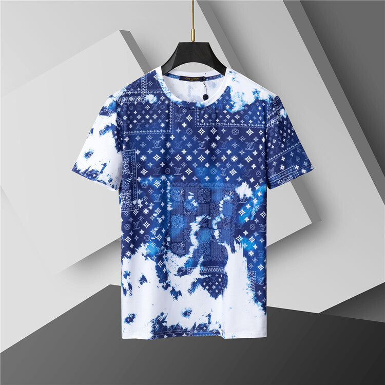 Blue & White Monogram Gradient Cotton Jersey Tee — Fading Motif Design