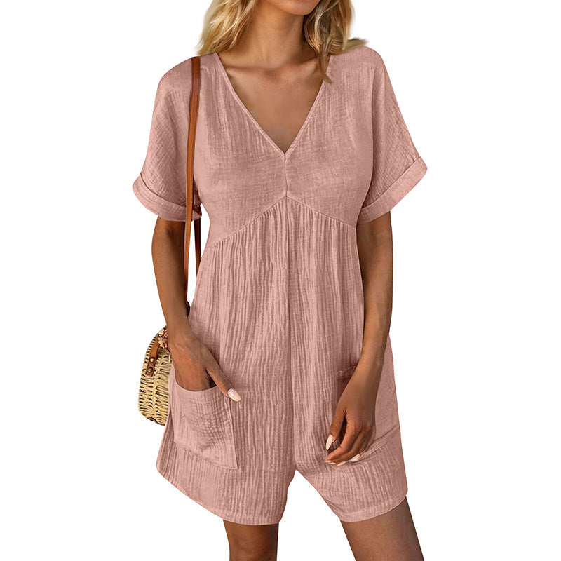 Summer Romper Casual Short Sleeve V Neck Short Jumpsuits