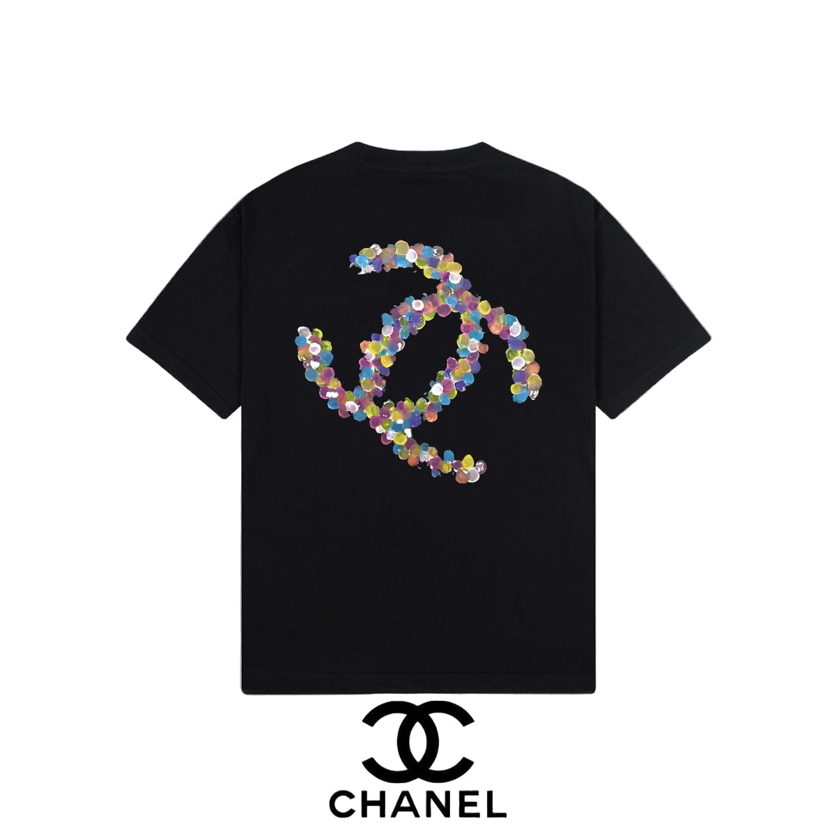 Black t-shirt with colorful graphic