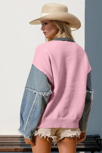 Double Take Star-Pattern Raw-Edge Long Sleeve Sweater