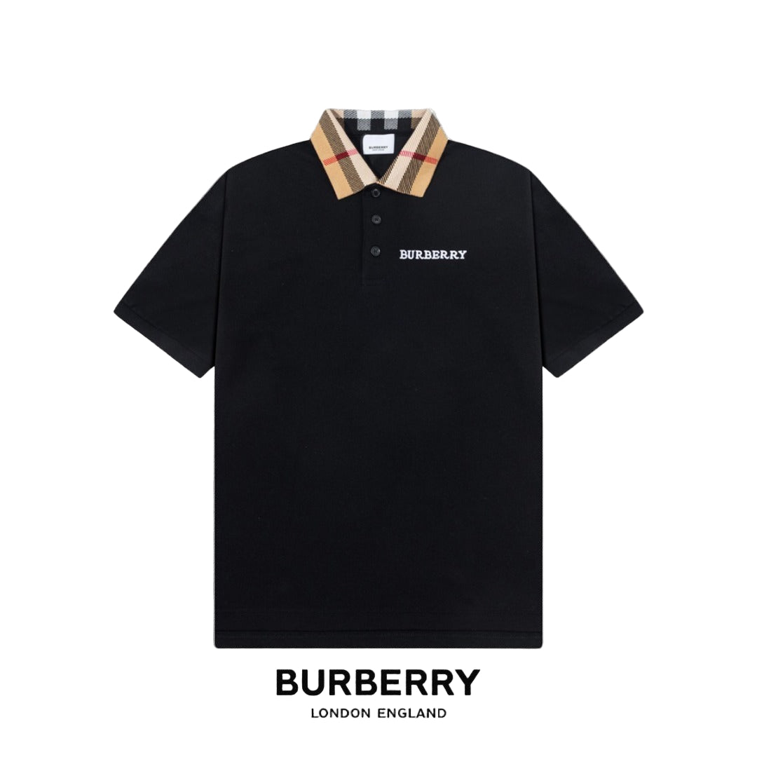 Black  polo shirt with checkered collar on a gray background