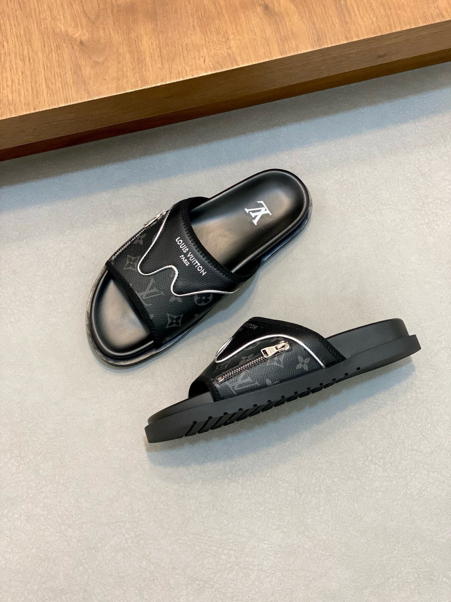 Monogram-Style Slide Sandals – Black on Black  Slip-On Casual Slides